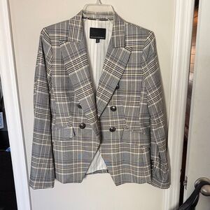 Banana Republic Plaid Double-Breasted Blazer in Gray & Cream with Blue Accents